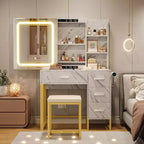 Vanity Desk with Sliding LED Mirror, Power Outlet, 4 Drawers and Cushioned Stool
