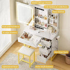 Vanity Desk with Sliding LED Mirror, Power Outlet, 4 Drawers and Cushioned Stool