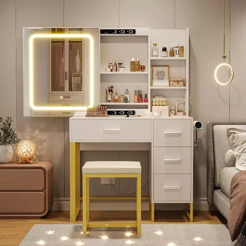 Vanity Desk with Sliding LED Mirror, Power Outlet, 4 Drawers and Cushioned Stool
