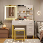 Vanity Desk with Sliding LED Mirror, Power Outlet, 4 Drawers and Cushioned Stool