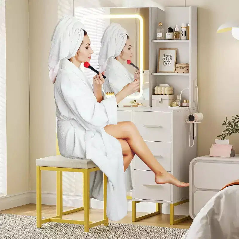 Vanity Desk with Sliding LED Mirror, Power Outlet, 4 Drawers and Cushioned Stool