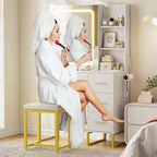 Vanity Desk with Sliding LED Mirror, Power Outlet, 4 Drawers and Cushioned Stool