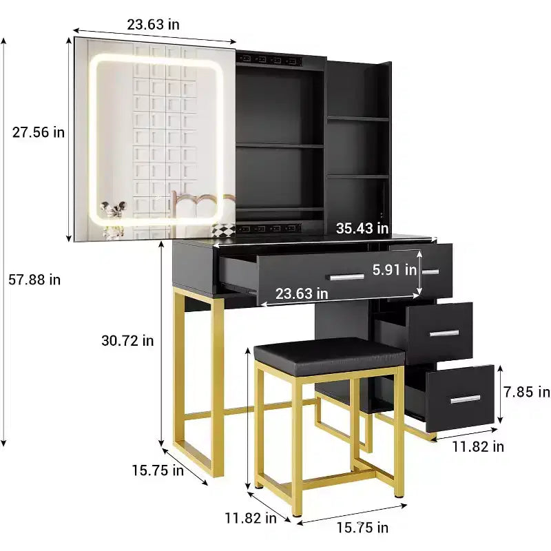 Vanity Desk with Sliding LED Mirror, Power Outlet, 4 Drawers and Cushioned Stool