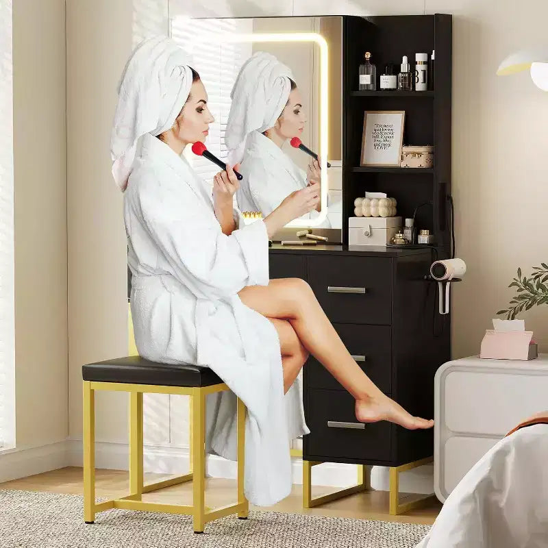 Vanity Desk with Sliding LED Mirror, Power Outlet, 4 Drawers and Cushioned Stool