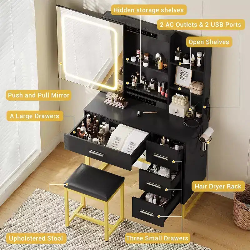 Vanity Desk with Sliding LED Mirror, Power Outlet, 4 Drawers and Cushioned Stool