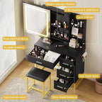 Vanity Desk with Sliding LED Mirror, Power Outlet, 4 Drawers and Cushioned Stool