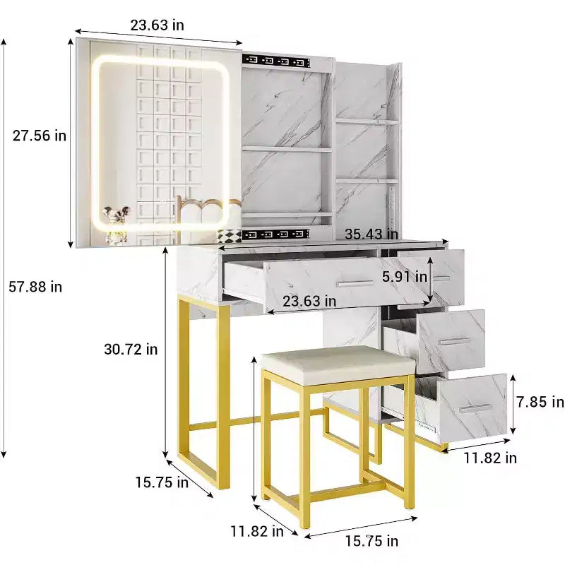 Vanity Desk with Sliding LED Mirror, Power Outlet, 4 Drawers and Cushioned Stool