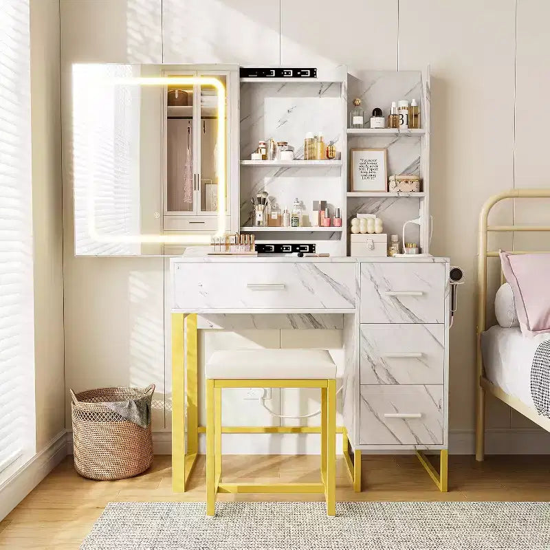 Vanity Desk with Sliding LED Mirror, Power Outlet, 4 Drawers and Cushioned Stool