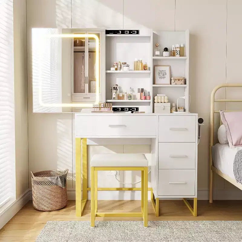 Vanity Desk with Sliding LED Mirror, Power Outlet, 4 Drawers and Cushioned Stool