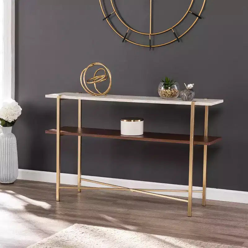 Faux Marble Console Table with Storage - Gold Frame