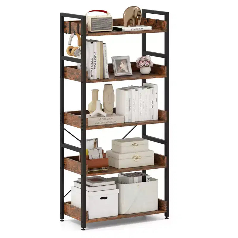 5-Tier Storage Rack with 4 Hooks, Open Display Shelves, Metal Frame