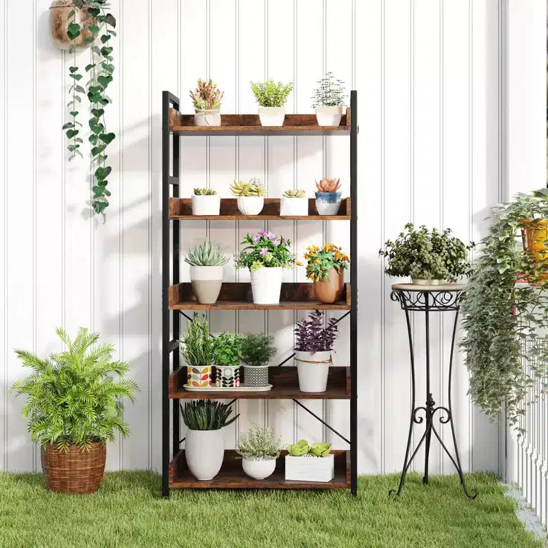 5-Tier Storage Rack with 4 Hooks, Open Display Shelves, Metal Frame