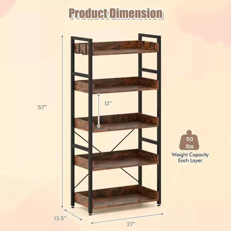 5-Tier Storage Rack with 4 Hooks, Open Display Shelves, Metal Frame