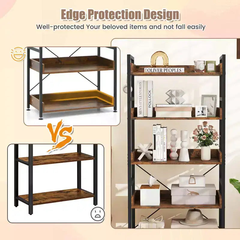 5-Tier Storage Rack with 4 Hooks, Open Display Shelves, Metal Frame