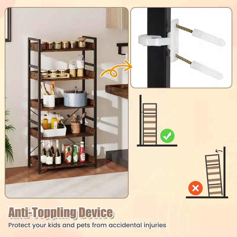 5-Tier Storage Rack with 4 Hooks, Open Display Shelves, Metal Frame