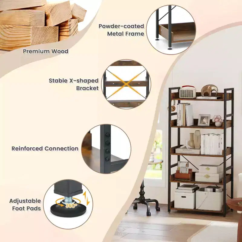 5-Tier Storage Rack with 4 Hooks, Open Display Shelves, Metal Frame