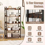 5-Tier Storage Rack with 4 Hooks, Open Display Shelves, Metal Frame