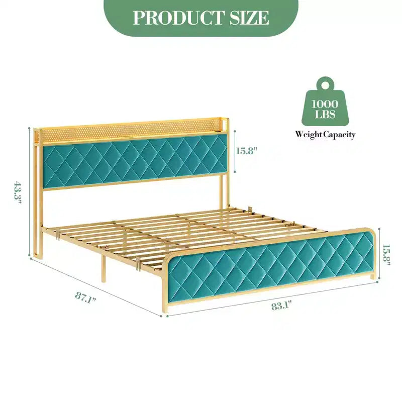 King Size Platform Bed Frame with Charging Station, LED Lights and Velvet Storage Headboard