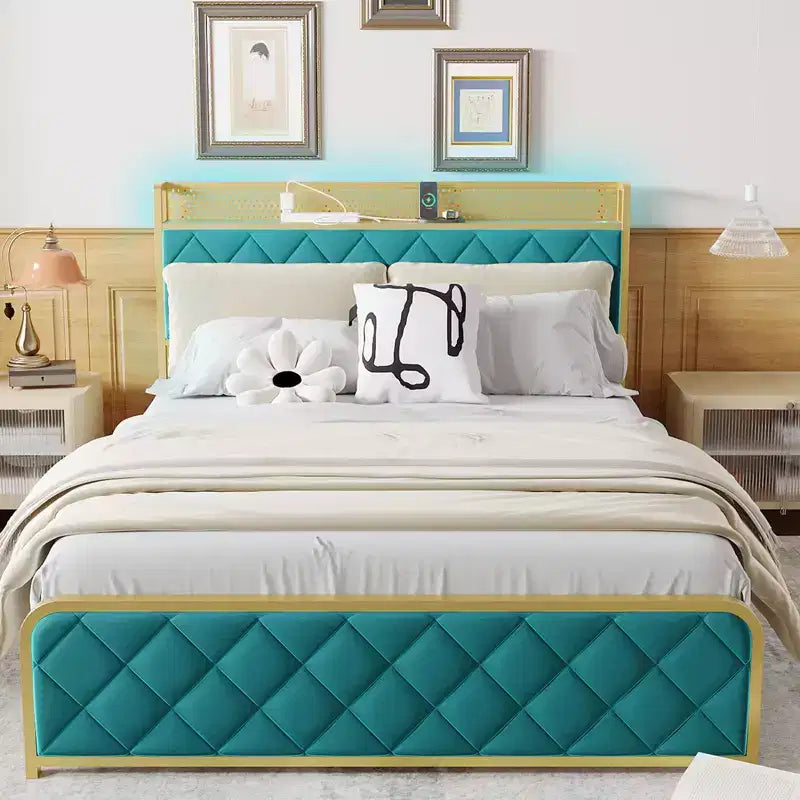 King Size Platform Bed Frame with Charging Station, LED Lights and Velvet Storage Headboard