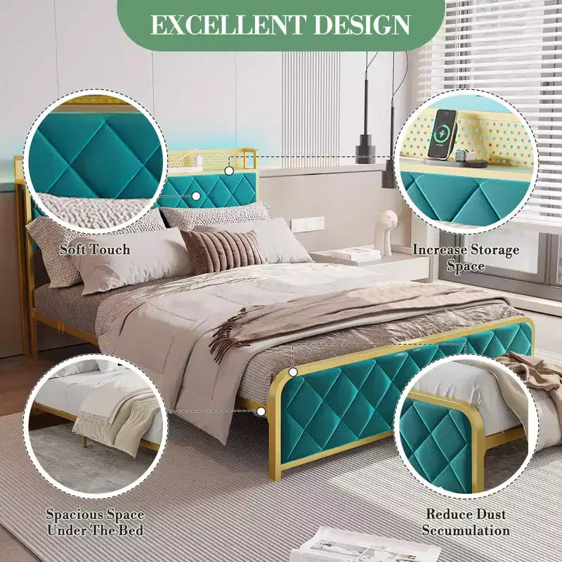 King Size Platform Bed Frame with Charging Station, LED Lights and Velvet Storage Headboard