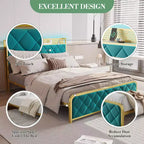 King Size Platform Bed Frame with Charging Station, LED Lights and Velvet Storage Headboard