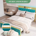 King Size Platform Bed Frame with Charging Station, LED Lights and Velvet Storage Headboard