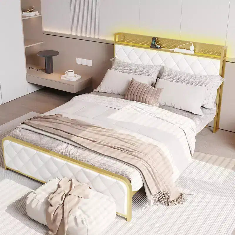 King Size Platform Bed Frame with Charging Station, LED Lights and Velvet Storage Headboard