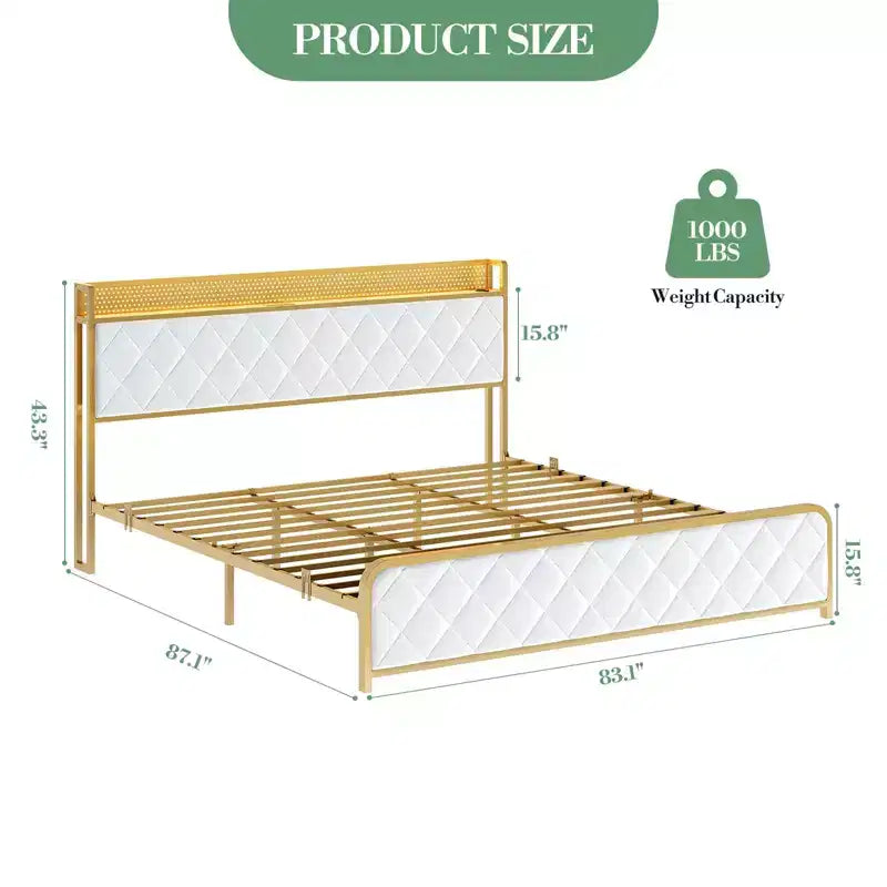 King Size Platform Bed Frame with Charging Station, LED Lights and Velvet Storage Headboard