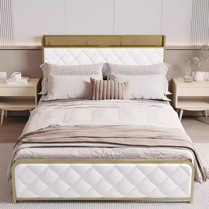 King Size Platform Bed Frame with Charging Station, LED Lights and Velvet Storage Headboard