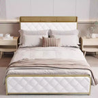 King Size Platform Bed Frame with Charging Station, LED Lights and Velvet Storage Headboard