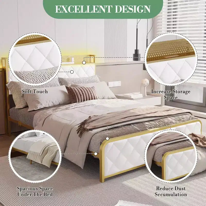 King Size Platform Bed Frame with Charging Station, LED Lights and Velvet Storage Headboard