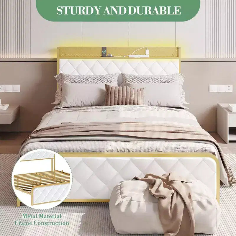 King Size Platform Bed Frame with Charging Station, LED Lights and Velvet Storage Headboard