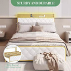 King Size Platform Bed Frame with Charging Station, LED Lights and Velvet Storage Headboard
