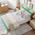 King Size Platform Bed Frame with Charging Station, LED Lights and Velvet Storage Headboard