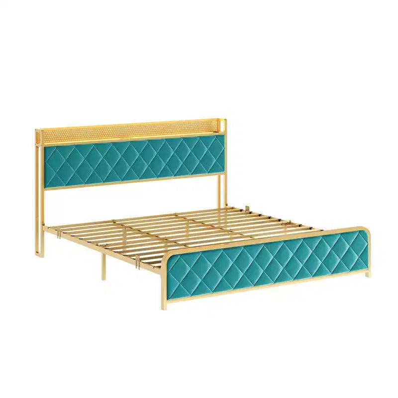 King Size Platform Bed Frame with Charging Station, LED Lights and Velvet Storage Headboard