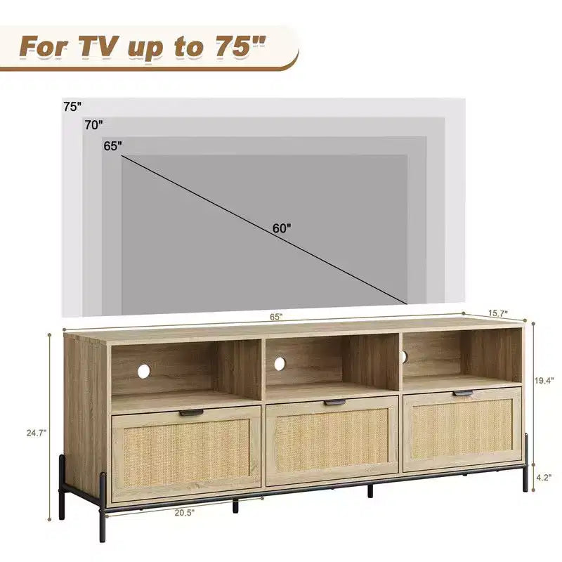 TV Stand for TVs up to 75 Inches with Open Shelf and 3 Drawers, Mid-Century Modern Style