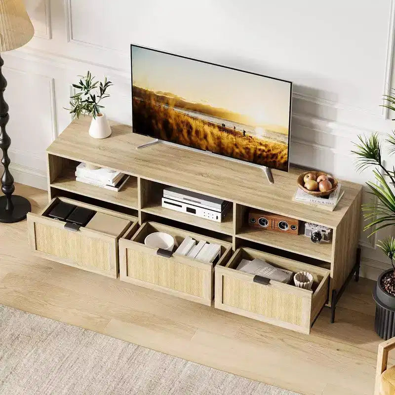 TV Stand for TVs up to 75 Inches with Open Shelf and 3 Drawers, Mid-Century Modern Style