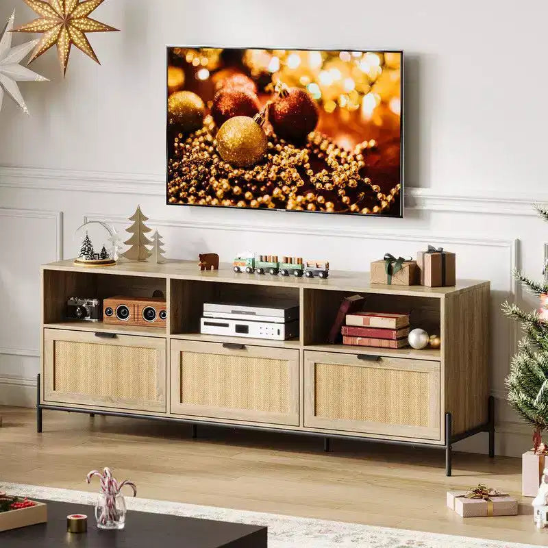 TV Stand for TVs up to 75 Inches with Open Shelf and 3 Drawers, Mid-Century Modern Style