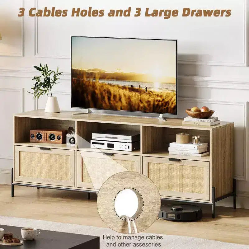 TV Stand for TVs up to 75 Inches with Open Shelf and 3 Drawers, Mid-Century Modern Style