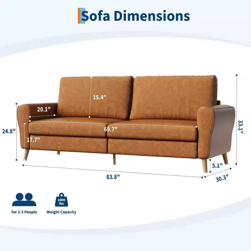 84" 3-Seater Upholstered Sofa with Deep Seat and Wide Armrests, Brown