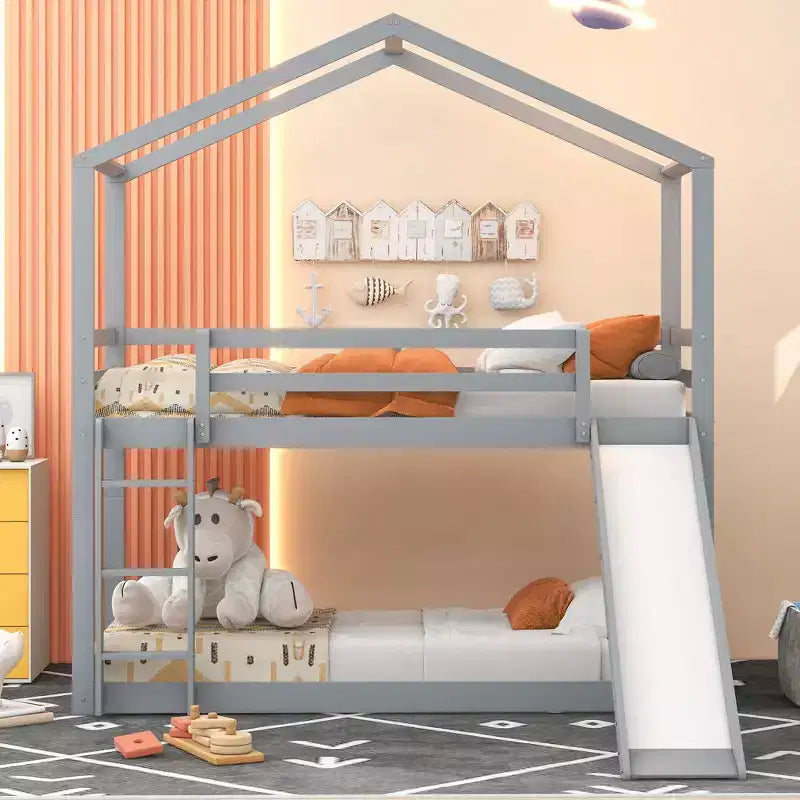Twin over Twin House-Shaped Bunk Bed with Slide and Ladder