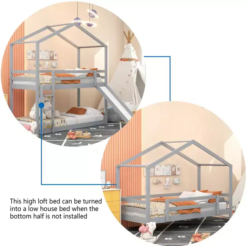 Twin over Twin House-Shaped Bunk Bed with Slide and Ladder