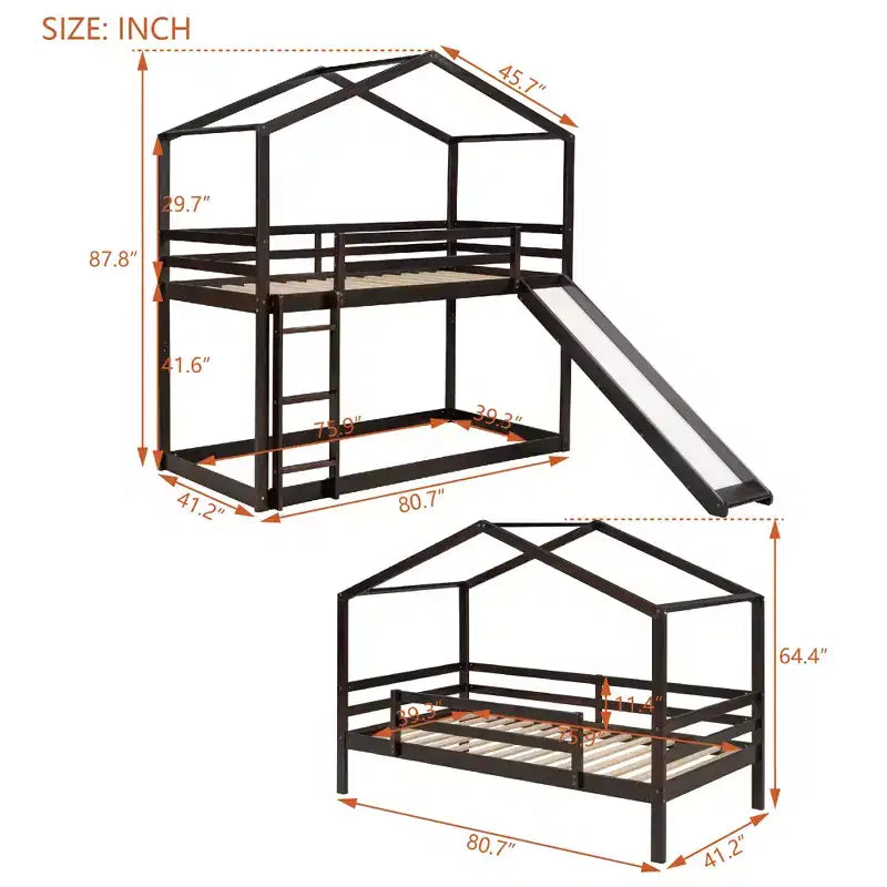 Twin over Twin House-Shaped Bunk Bed with Slide and Ladder