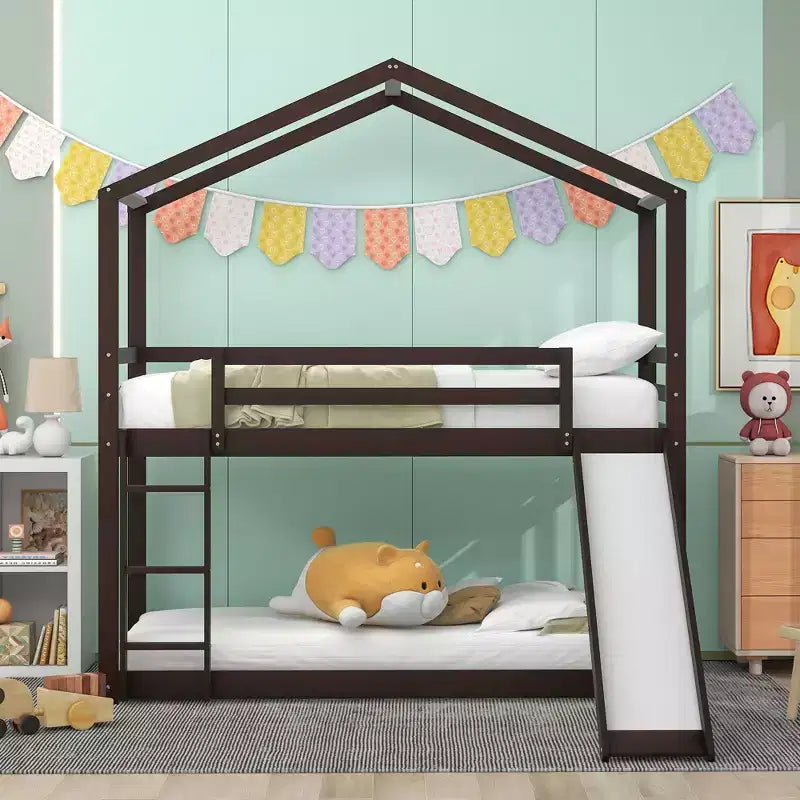 Twin over Twin House-Shaped Bunk Bed with Slide and Ladder