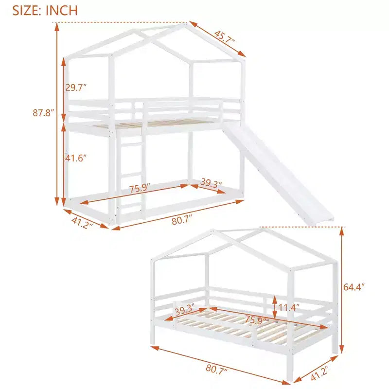 Twin over Twin House-Shaped Bunk Bed with Slide and Ladder