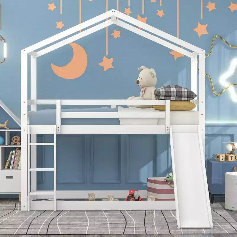 Twin over Twin House-Shaped Bunk Bed with Slide and Ladder