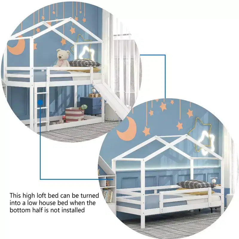 Twin over Twin House-Shaped Bunk Bed with Slide and Ladder