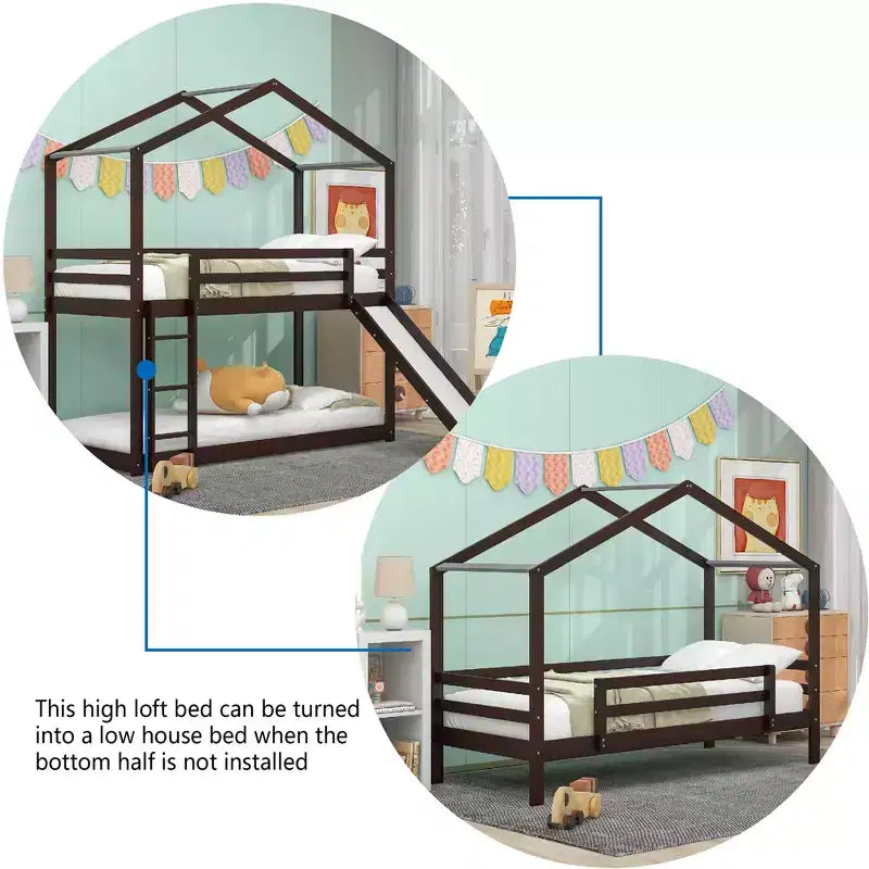 Twin over Twin House-Shaped Bunk Bed with Slide and Ladder