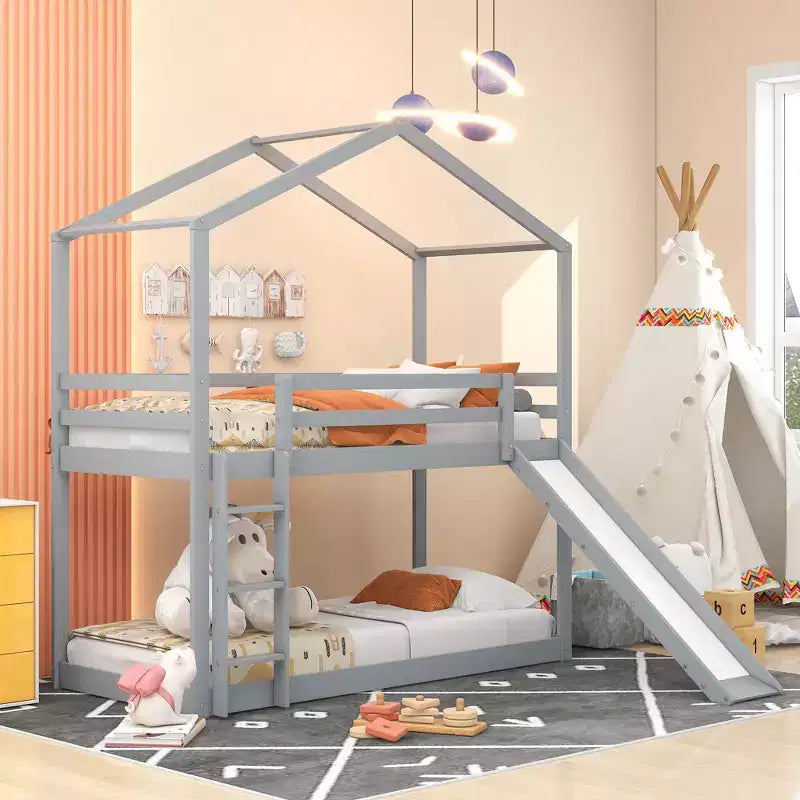Twin over Twin House-Shaped Bunk Bed with Slide and Ladder