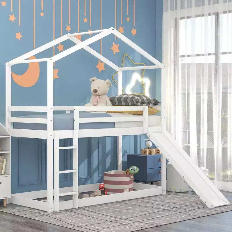 Twin over Twin House-Shaped Bunk Bed with Slide and Ladder